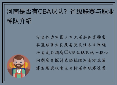 河南是否有CBA球队？省级联赛与职业梯队介绍